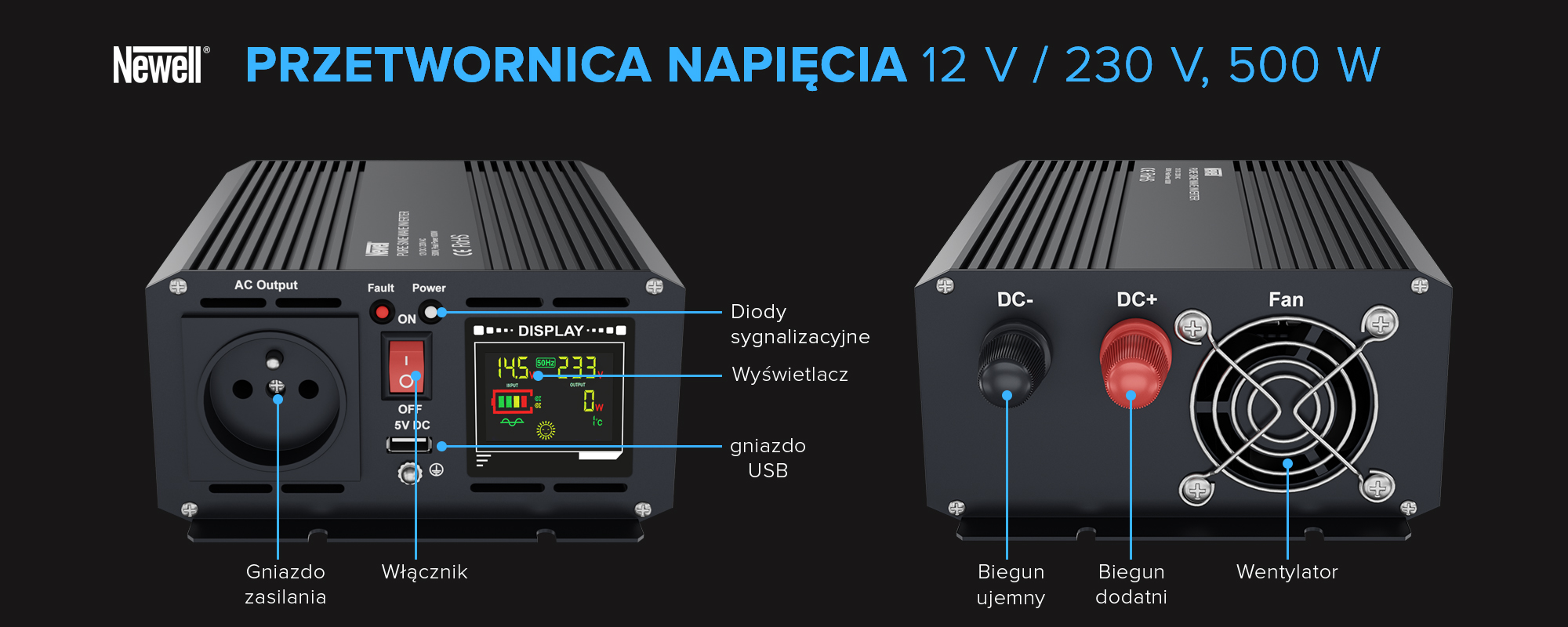 Przetwornica napięcia Newell z czystą sinusoidą - 12 V _ 230 V, 500 W